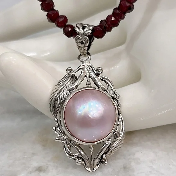 Mabe Pink Pearl Sterling Silver Openwork Leaf Pendant 20” Necklace - Picture 1 of 12